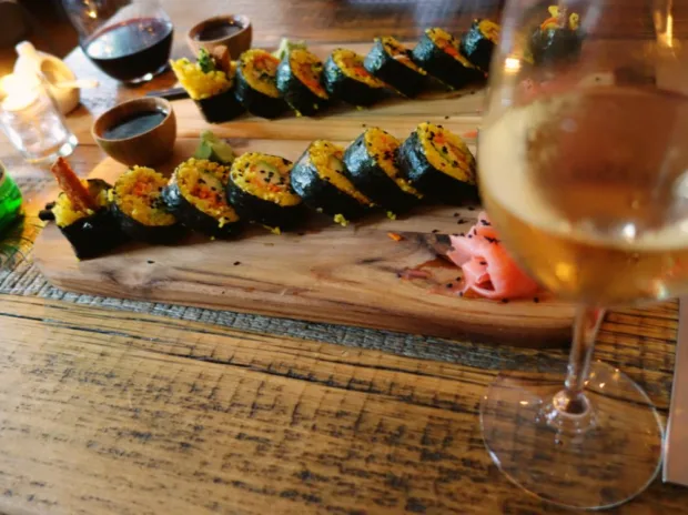 Organic wine and delicious vegan sushi at Revolution Kitchen in Burlington.