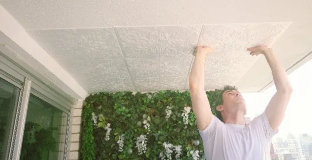 How to Turn Your Balcony Into a Private Sanctuary We put up the ceiling tiles in about an hour. Easy peasy!