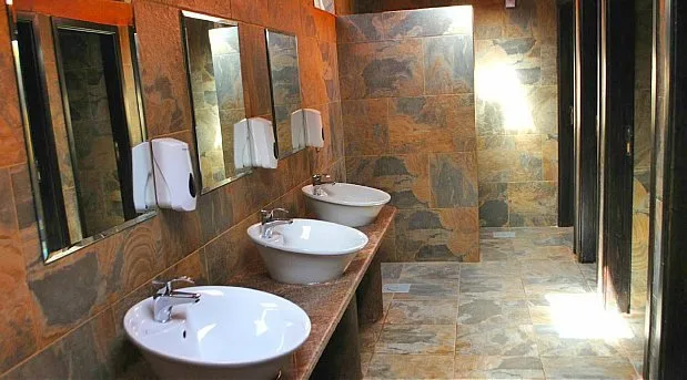 The bathroom facilities are clean and upscale